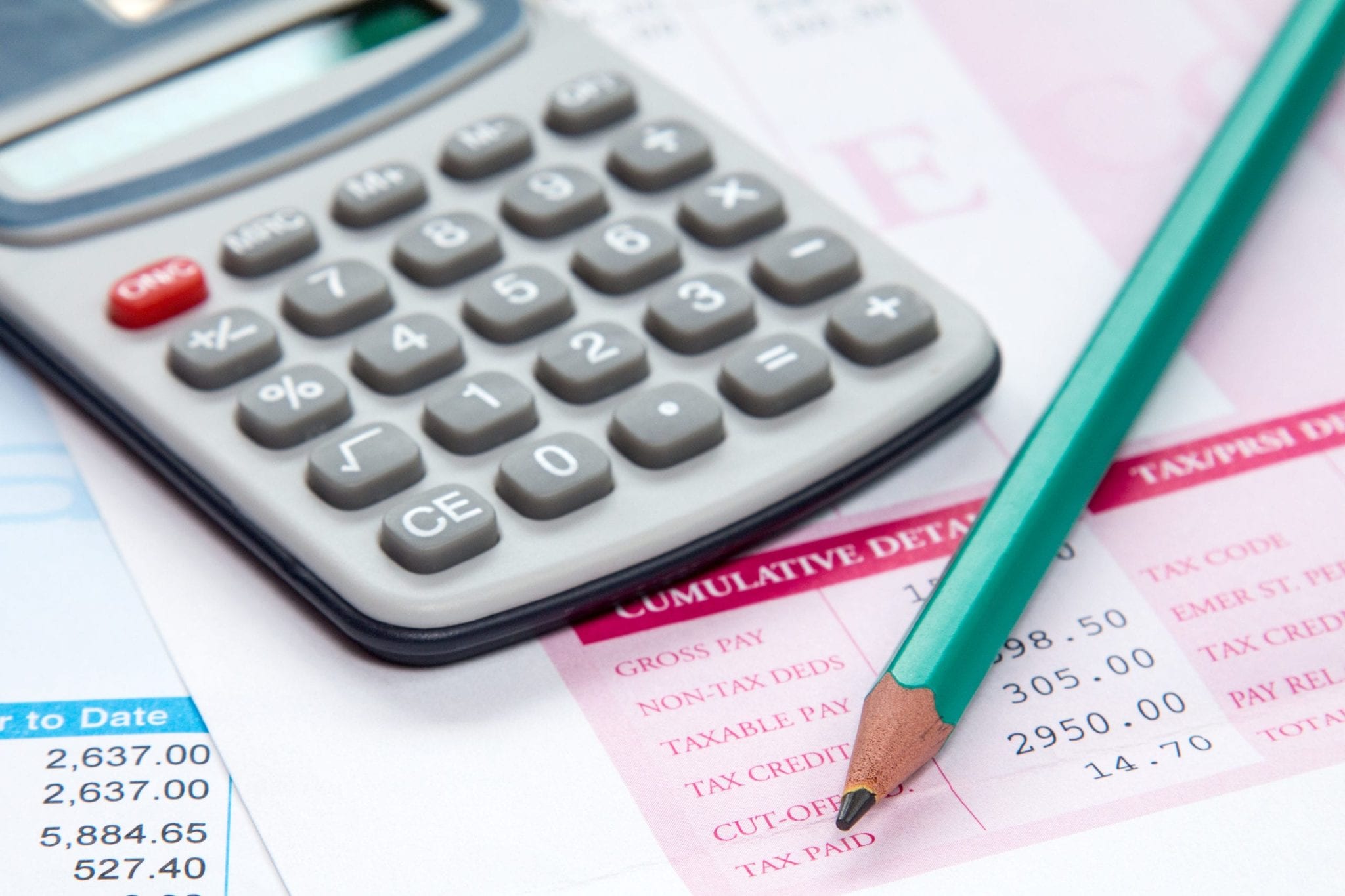 Calculator and pencil on the statement of payroll details