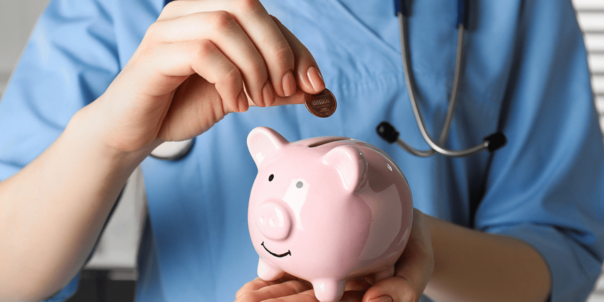 1099 VS W2 Physician: Tax Deductions for Self-Employed Physicians - a physician in blue scrubs drops a coin in a piggy bank