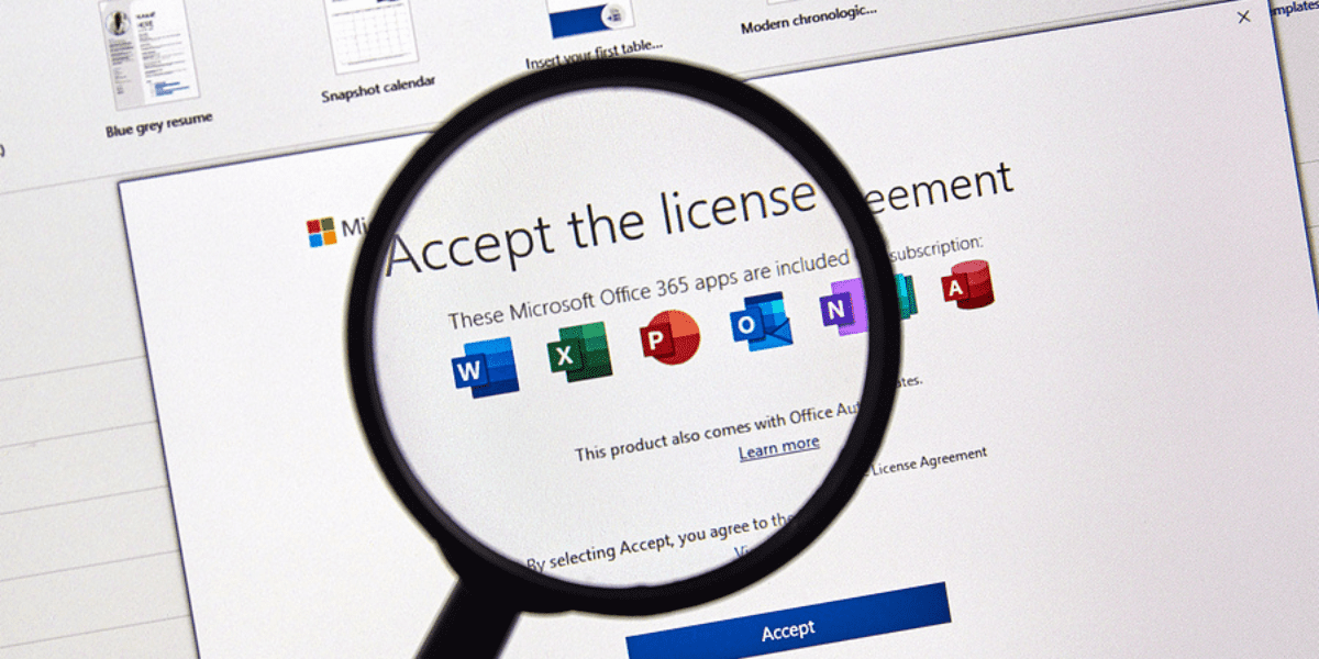 Best Practices for Microsoft Licensing Getting the Licenses You Need with Improved Cost-Savings - a magnifying glass hovers over a webpage containing a Microsoft 365 license agreement